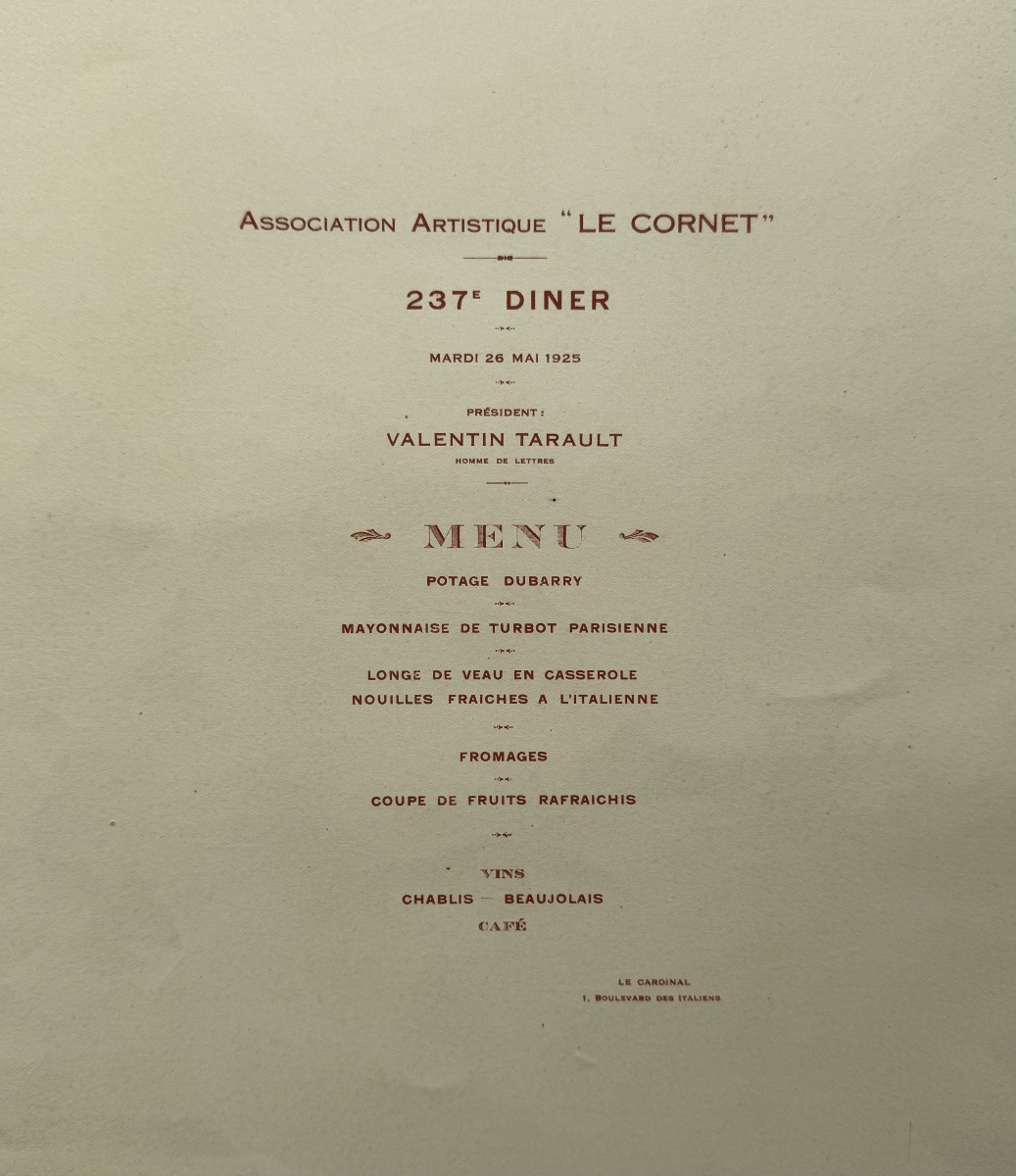Menu ancien illustré par Maurice Millière – Le Cornet 1925 – Chromolithographie-photo-2