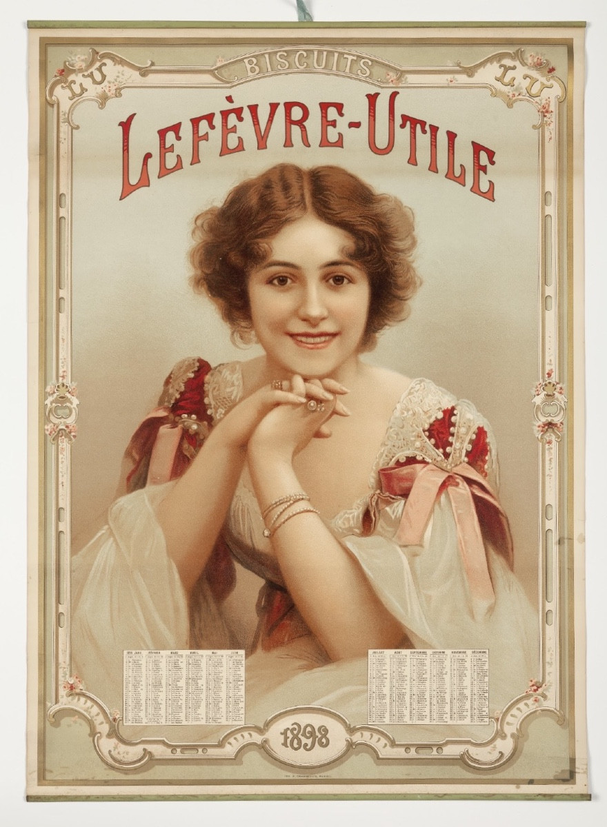 LA FEMME AUX NŒUDS ROSES - Chromolithographie - Calendrier LU / Lefèvre-Utile