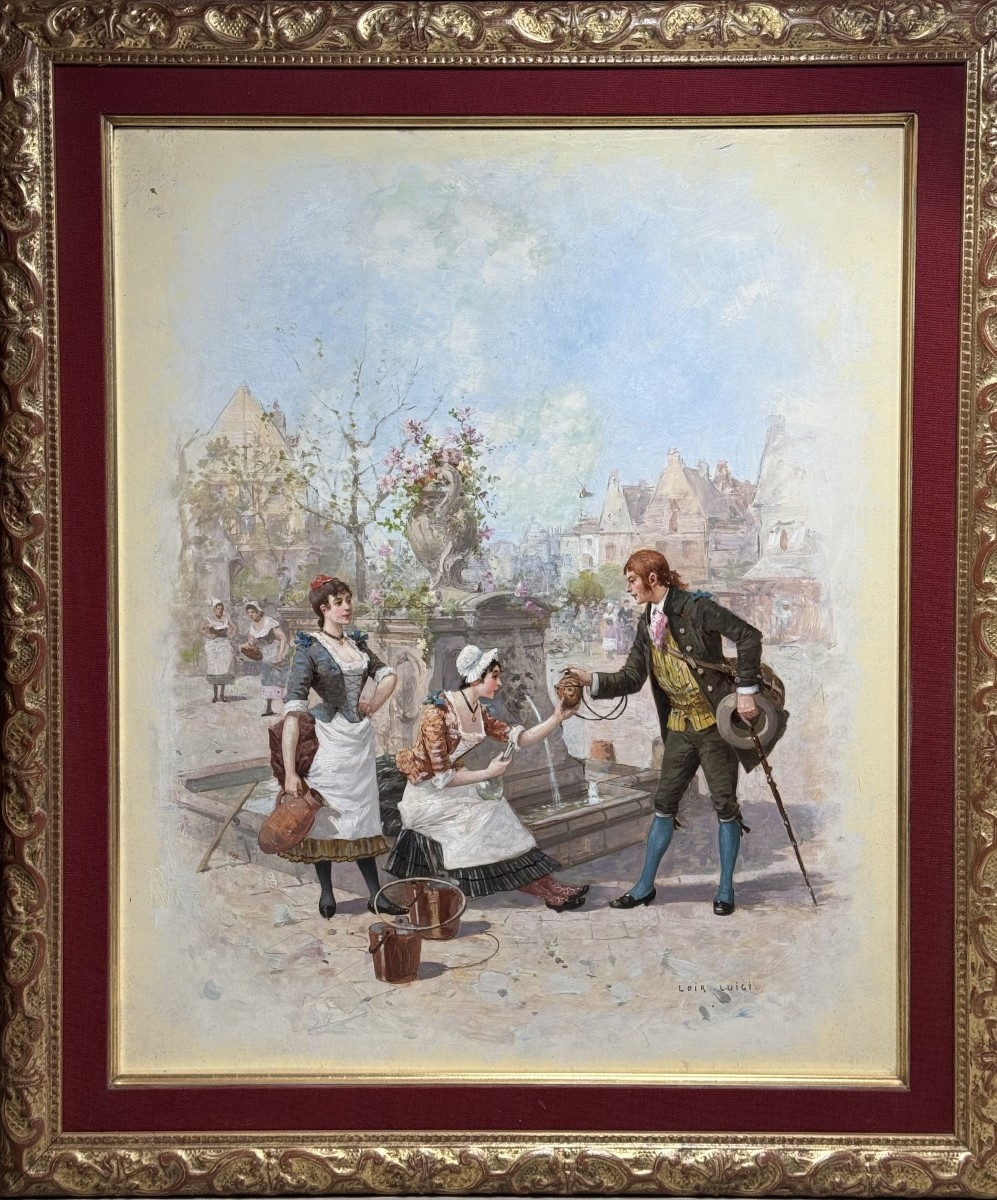 Huile sur panneau : « À la claire fontaine » – Luigi Loir (1845 - 1916)