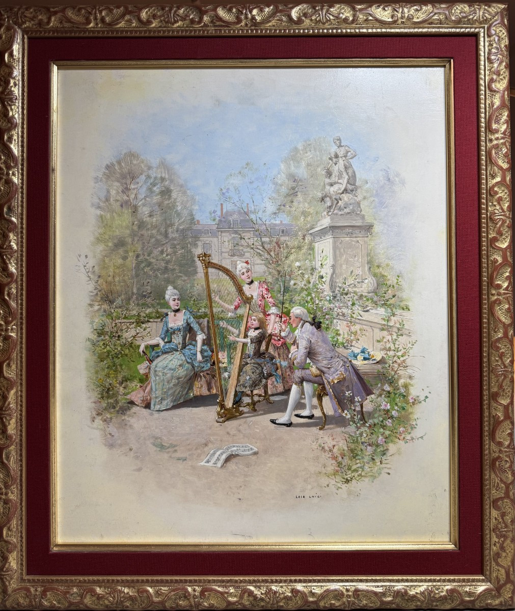 Oil On Panel: "the Harp Lesson" – Luigi Loir (1845–1916)