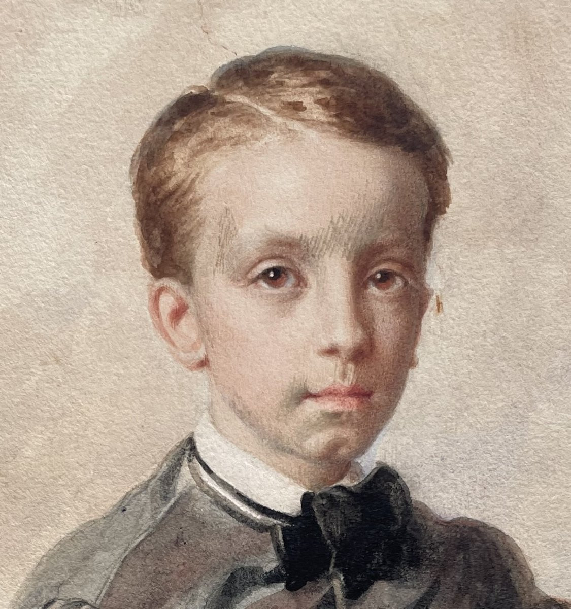 Guido Gonin - Charming Portrait Of A Boy - Watercolor On Cardboard, 1859-photo-2