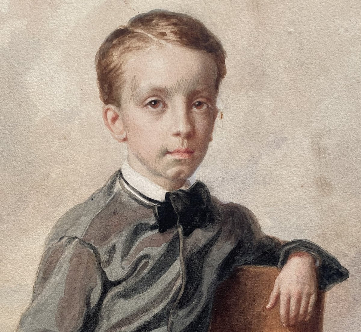 Guido Gonin - Charming Portrait Of A Boy - Watercolor On Cardboard, 1859-photo-3