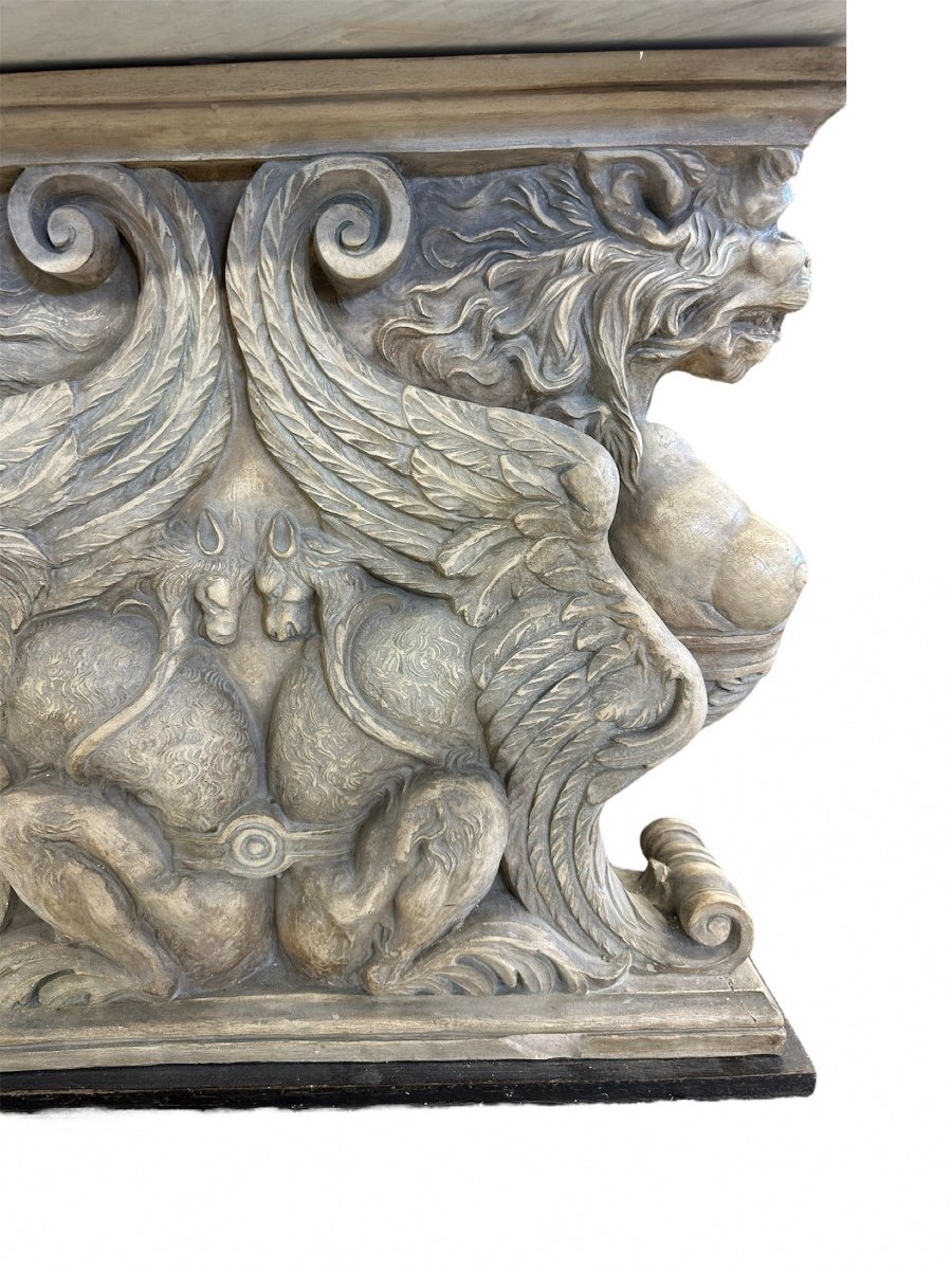 Large Marble And Terracotta Table With “winged Sphinxes” Late 19th Century-photo-3