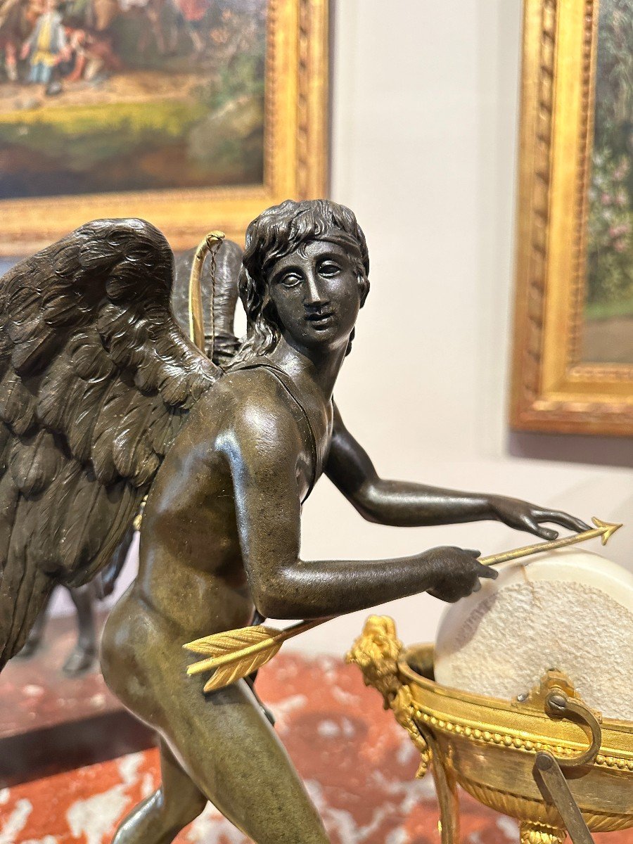 Empire Period Sculpture "l'arrotino" In Patinated Bronze, Gilt Bronze And Marble 19th Century-photo-3