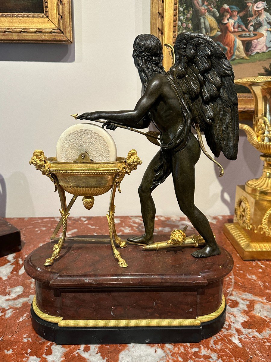 Empire Period Sculpture "l'arrotino" In Patinated Bronze, Gilt Bronze And Marble 19th Century-photo-4