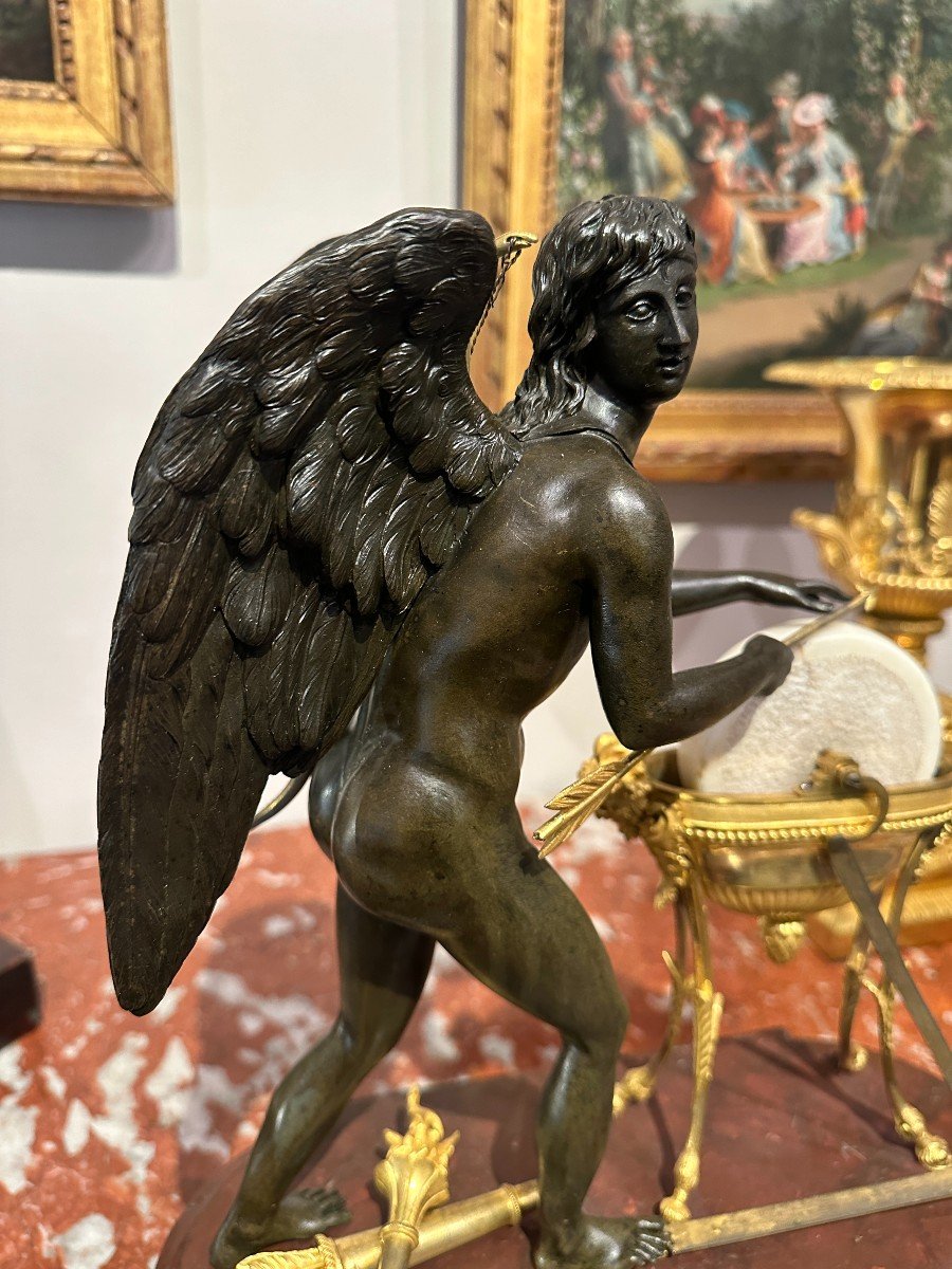 Empire Period Sculpture "l'arrotino" In Patinated Bronze, Gilt Bronze And Marble 19th Century-photo-1