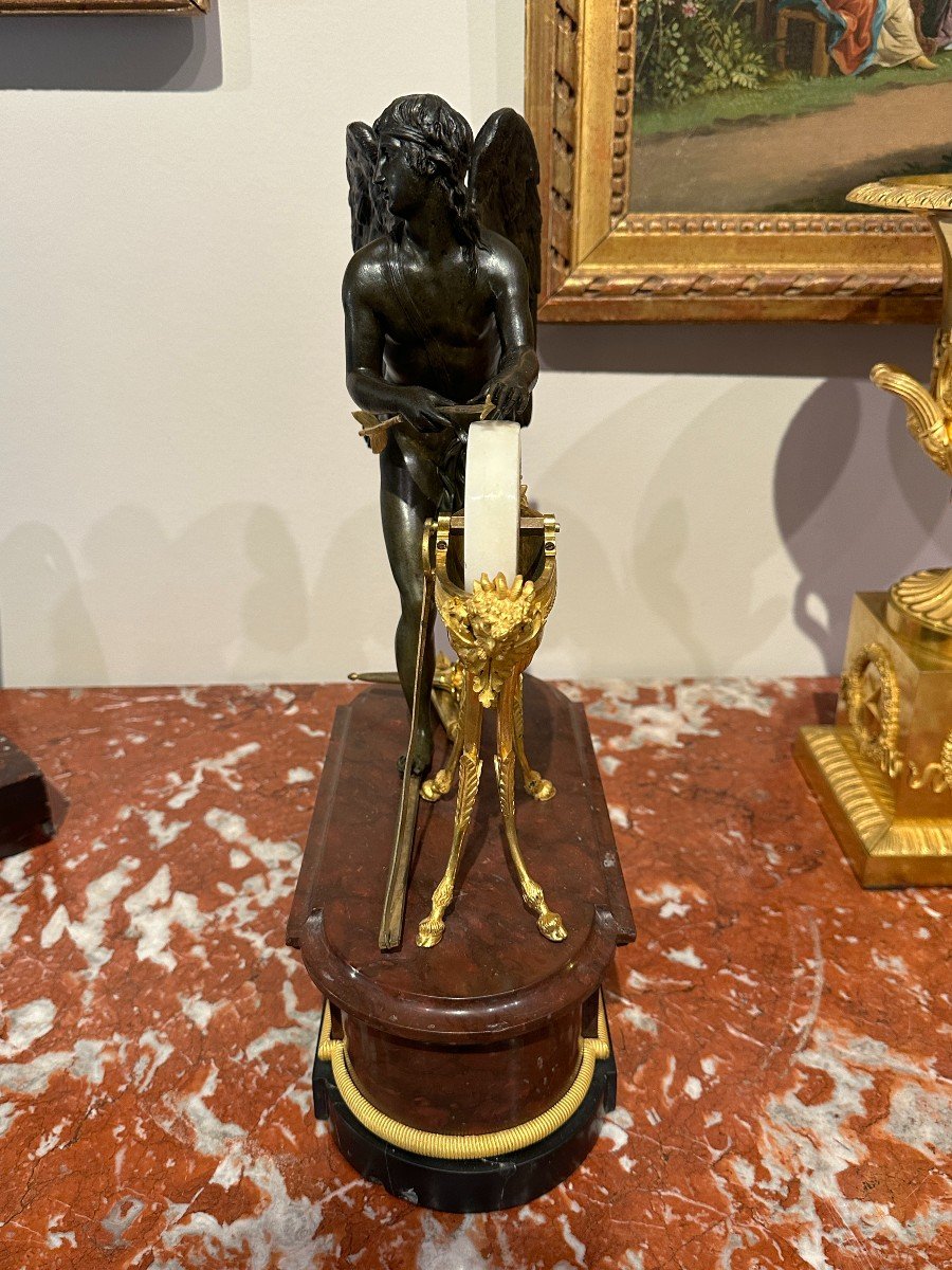 Empire Period Sculpture "l'arrotino" In Patinated Bronze, Gilt Bronze And Marble 19th Century-photo-8