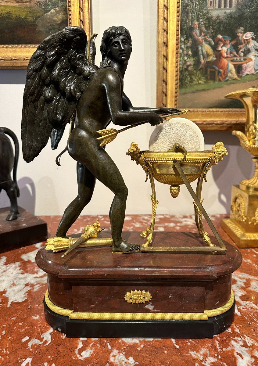 Empire Period Sculpture "l'arrotino" In Patinated Bronze, Gilt Bronze And Marble 19th Century