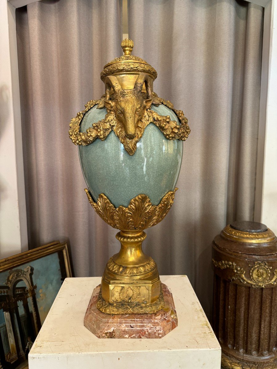 Grand Vase Couvert En Céladon Et Bronze Doré, Base En Marbre, XIX° Siècle-photo-4
