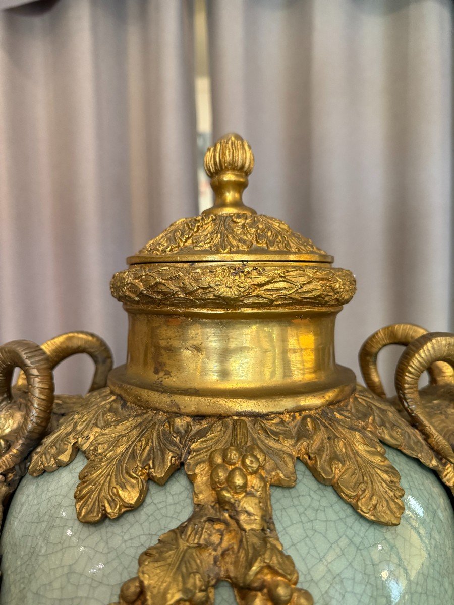 Grand Vase Couvert En Céladon Et Bronze Doré, Base En Marbre, XIX° Siècle-photo-7