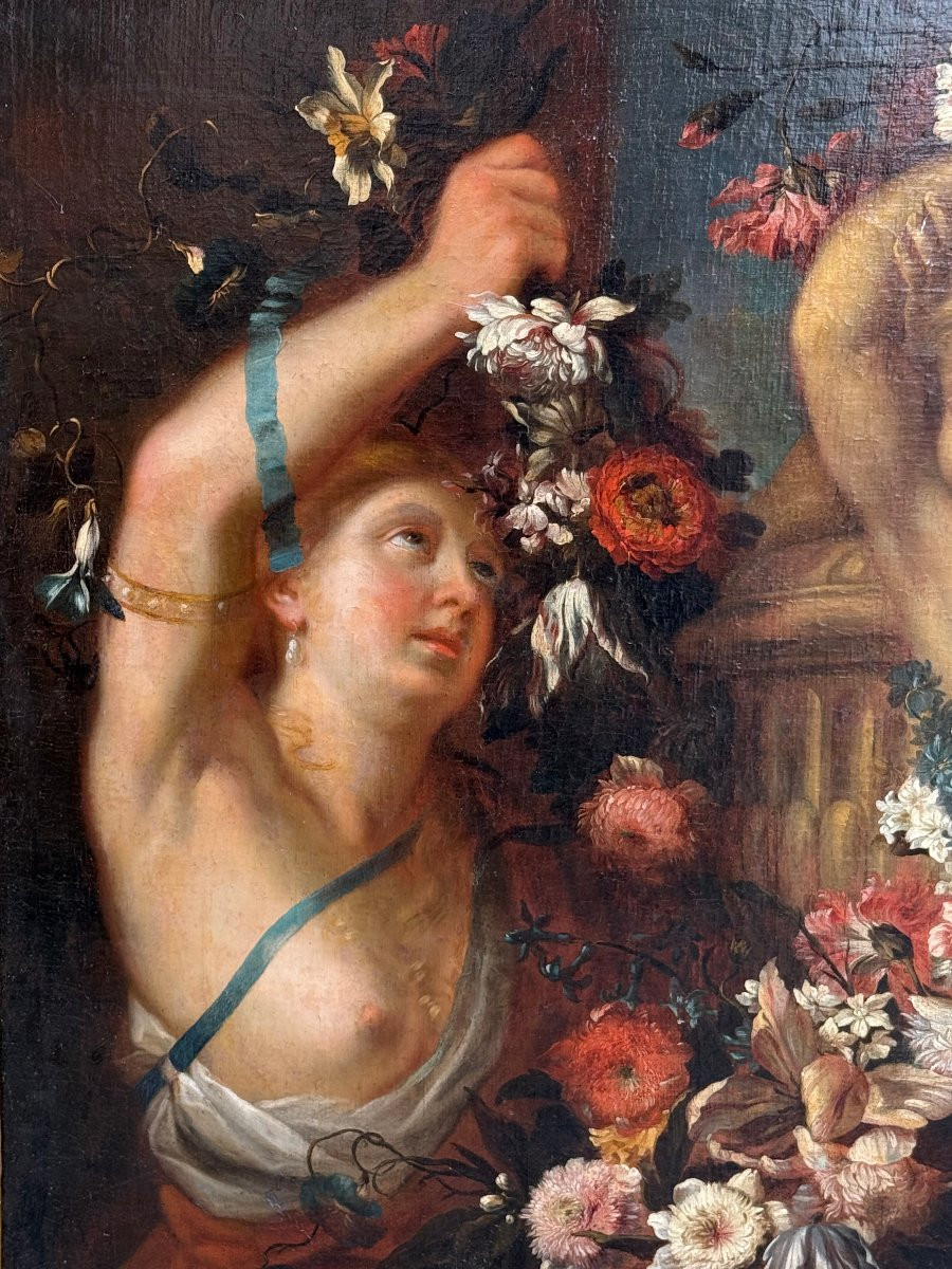 Att. To Piola Domenico (genoa 1627 - 1703) - Hst "venus And Cupids Holding Garlands Of Flowers"-photo-4