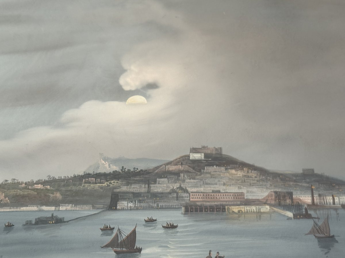 Grande gouache Napolitaine intitulée "il Golfo Di Napoli Di Notte" XIX° Siècle -photo-4