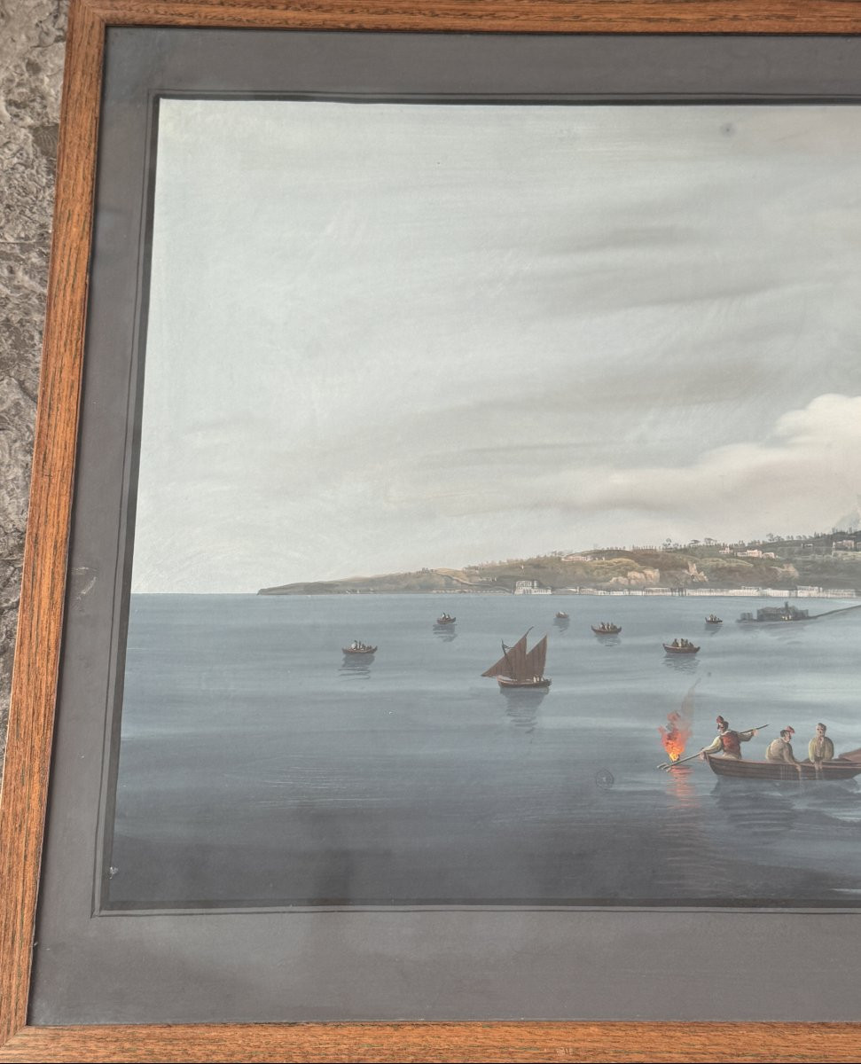 Grande gouache Napolitaine intitulée "il Golfo Di Napoli Di Notte" XIX° Siècle -photo-3