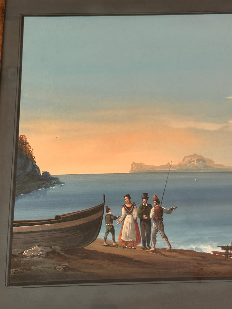 Gouache "view Of Nisida" Italian School Of The 19th Century-photo-2