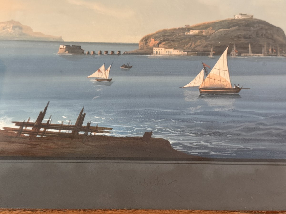 Gouache "view Of Nisida" Italian School Of The 19th Century-photo-3