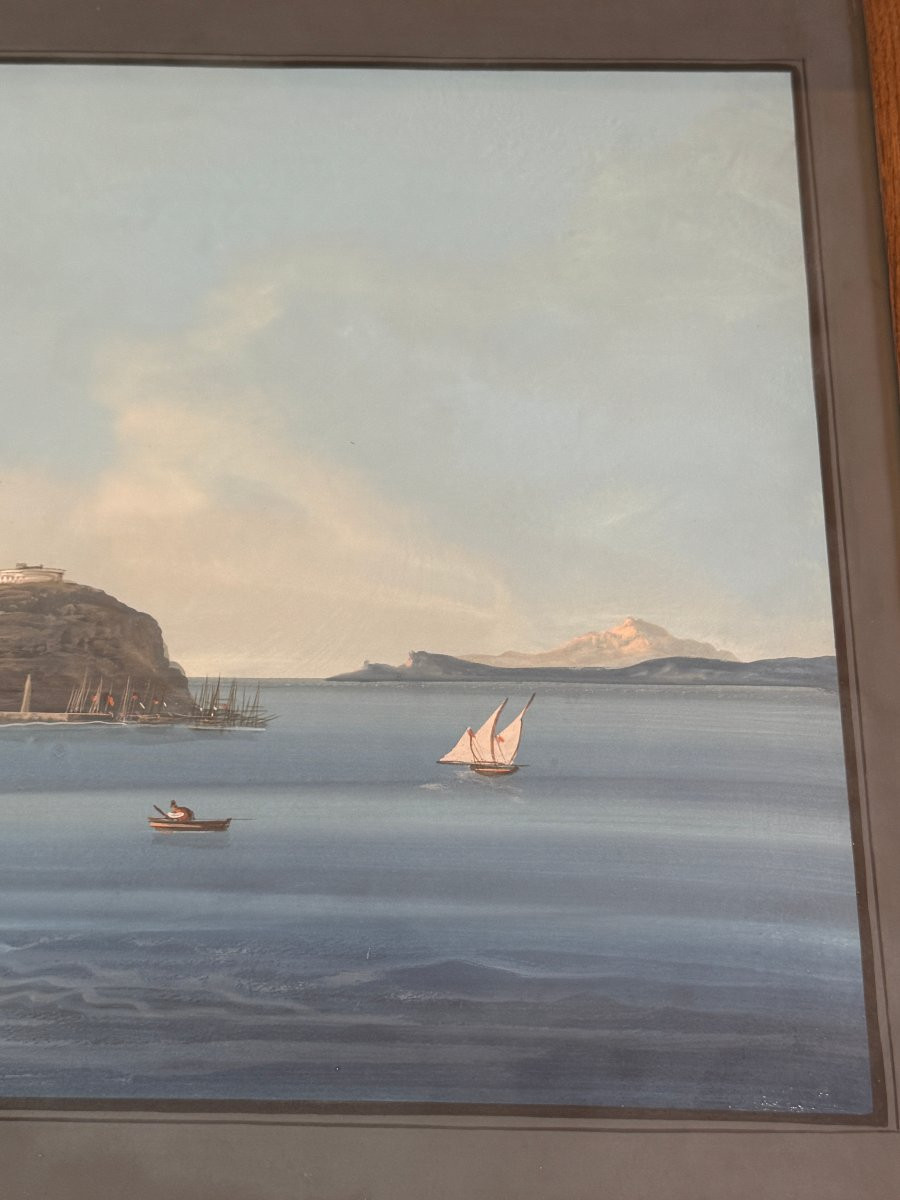 Gouache "view Of Nisida" Italian School Of The 19th Century-photo-4