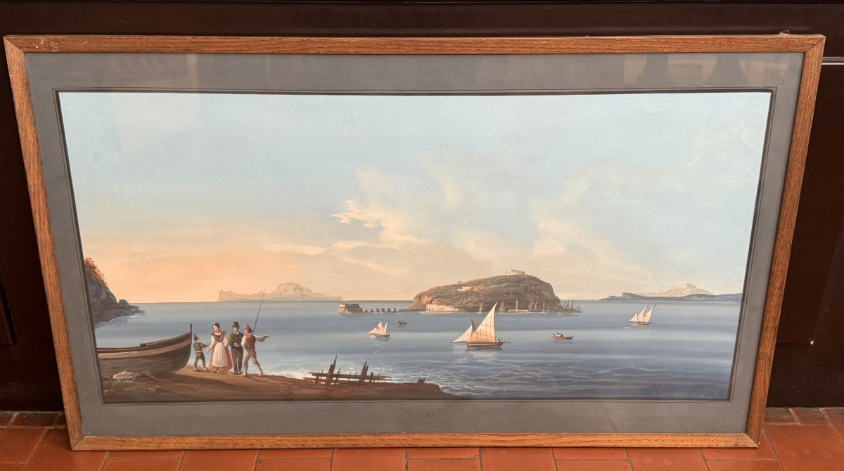 Gouache "view Of Nisida" Italian School Of The 19th Century