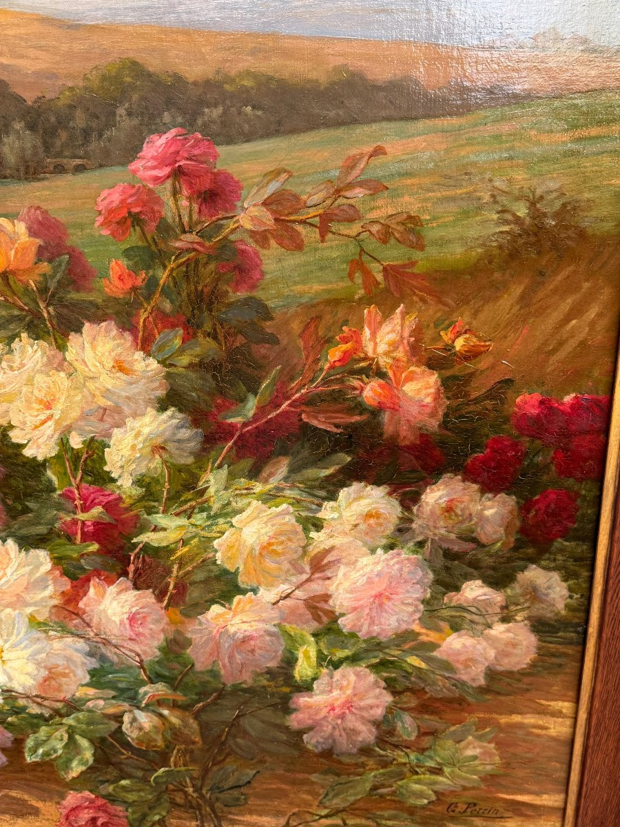 Perrin Gabriel - École Lyonnaise "Nature morte aux fleurs et paysage" XIX° Siècle-photo-6