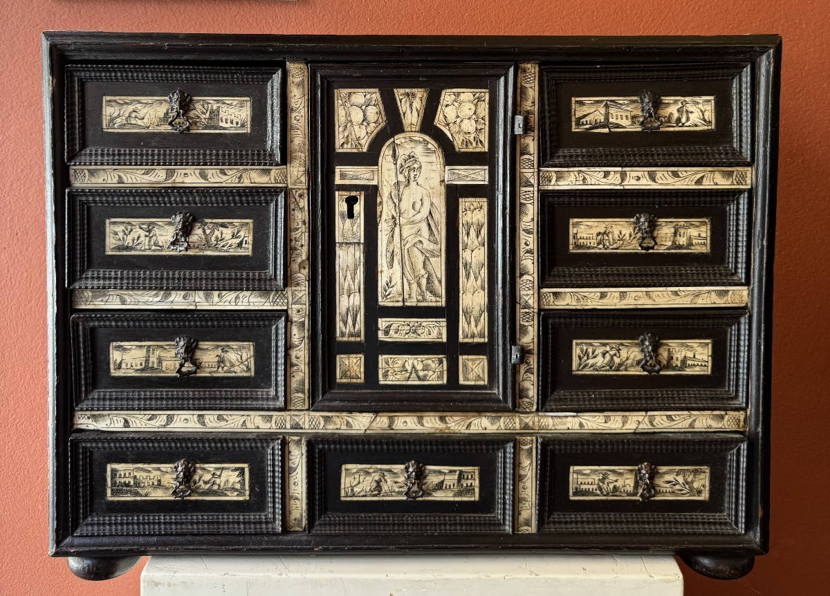 Small Cabinet In Blackened Wood And Ivory, Italy, 17th Century