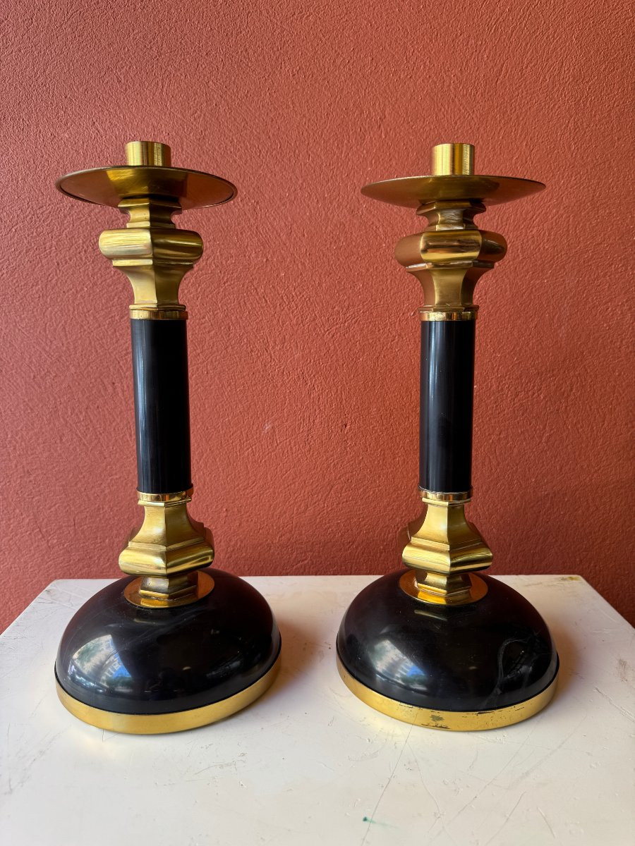 Crespi Gabriella (1922-2017) - Pair Of Candlesticks In Gilded Brass And Black Marble -photo-5