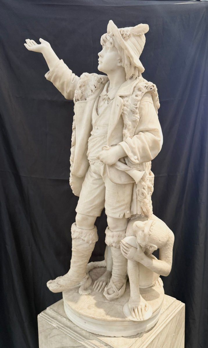Bazzanti Pietro Marble Sculpture Representing "young Acrobat And His Monkey" 19th Century -photo-3