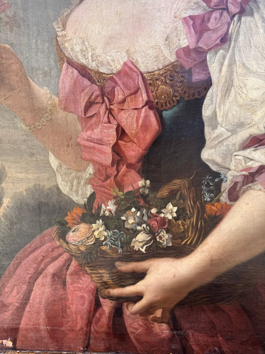 Ecole française  " Portrait de dame de qualité à la corbeille de fleurs " XVIII°-photo-3