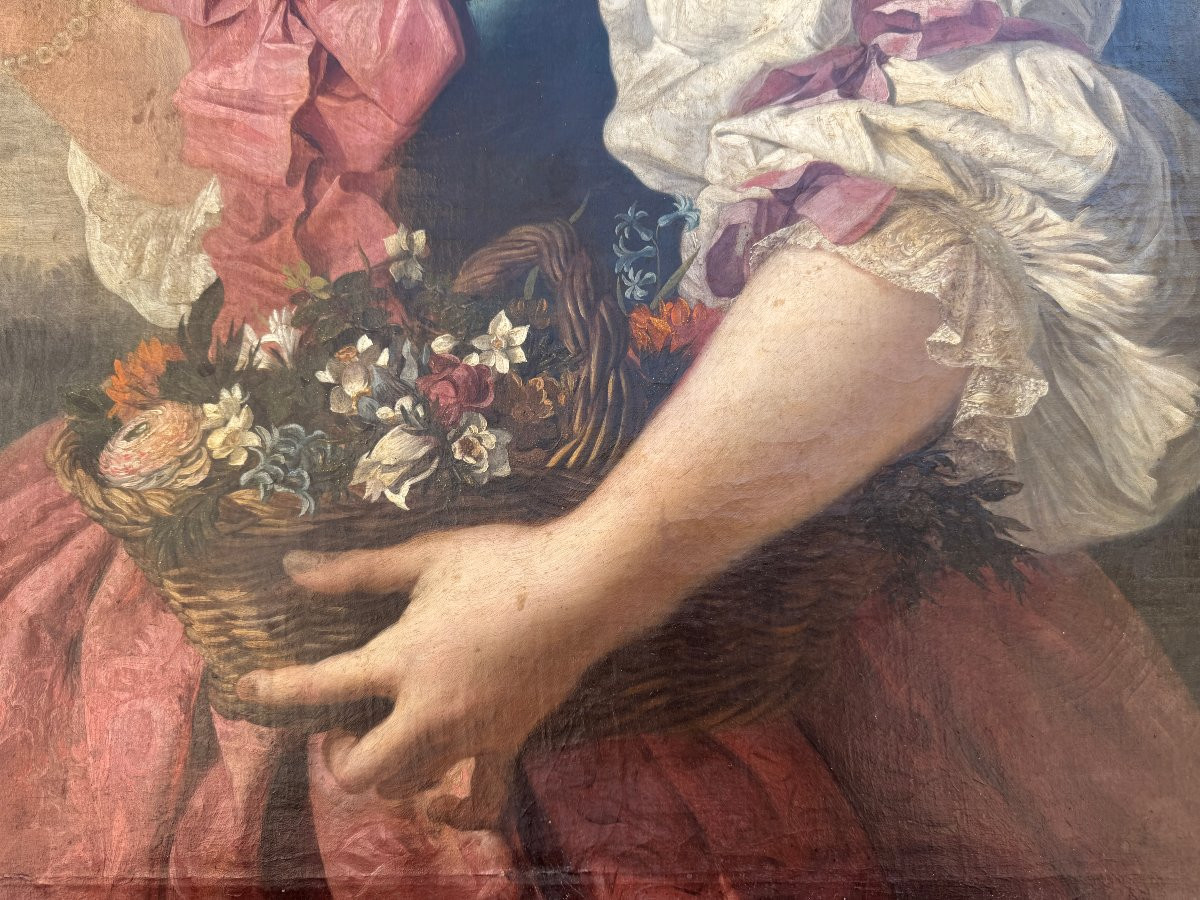 Ecole française  " Portrait de dame de qualité à la corbeille de fleurs " XVIII°-photo-4