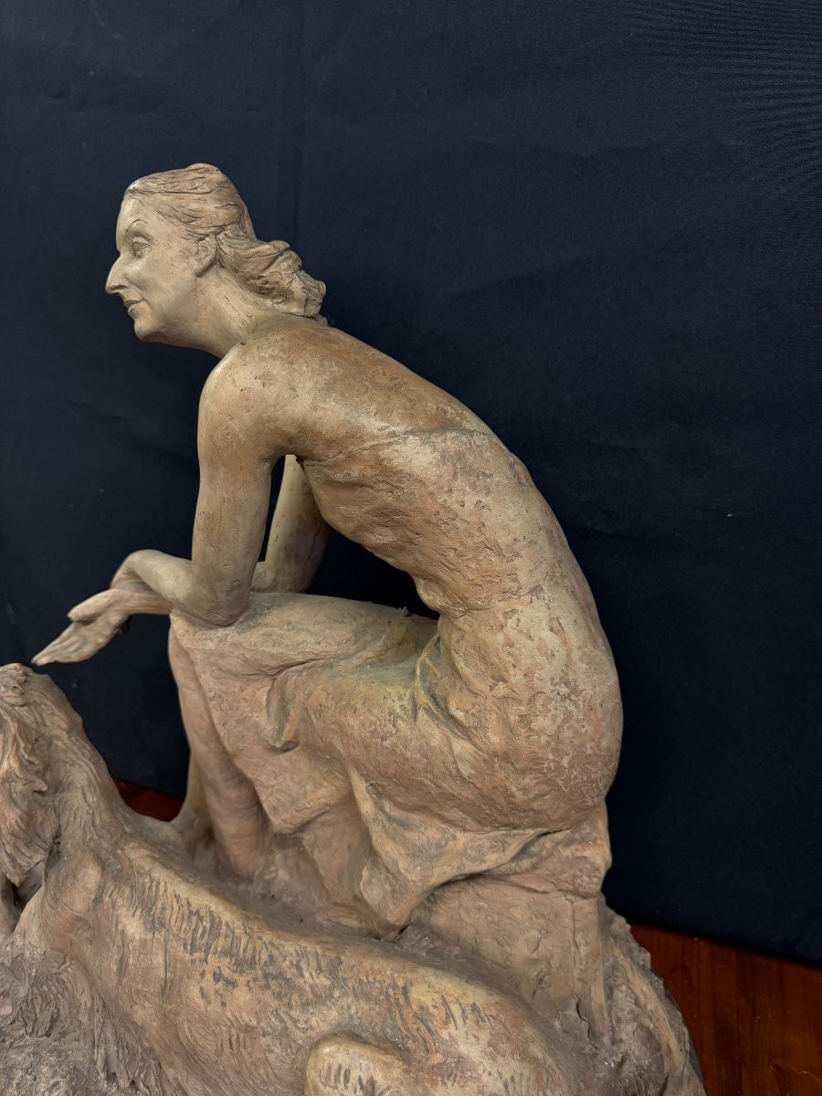 Giandomenico De Marchis (1893-1967) Sculpture "woman With A Greyhound" In Terracotta - 1940s-photo-1