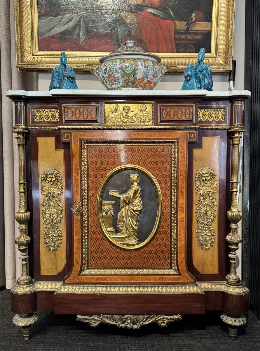 Paul Sormani Att. To - Sideboard In Veneered Wood, Marquetry And Gilded Bronze, 19th Century 
