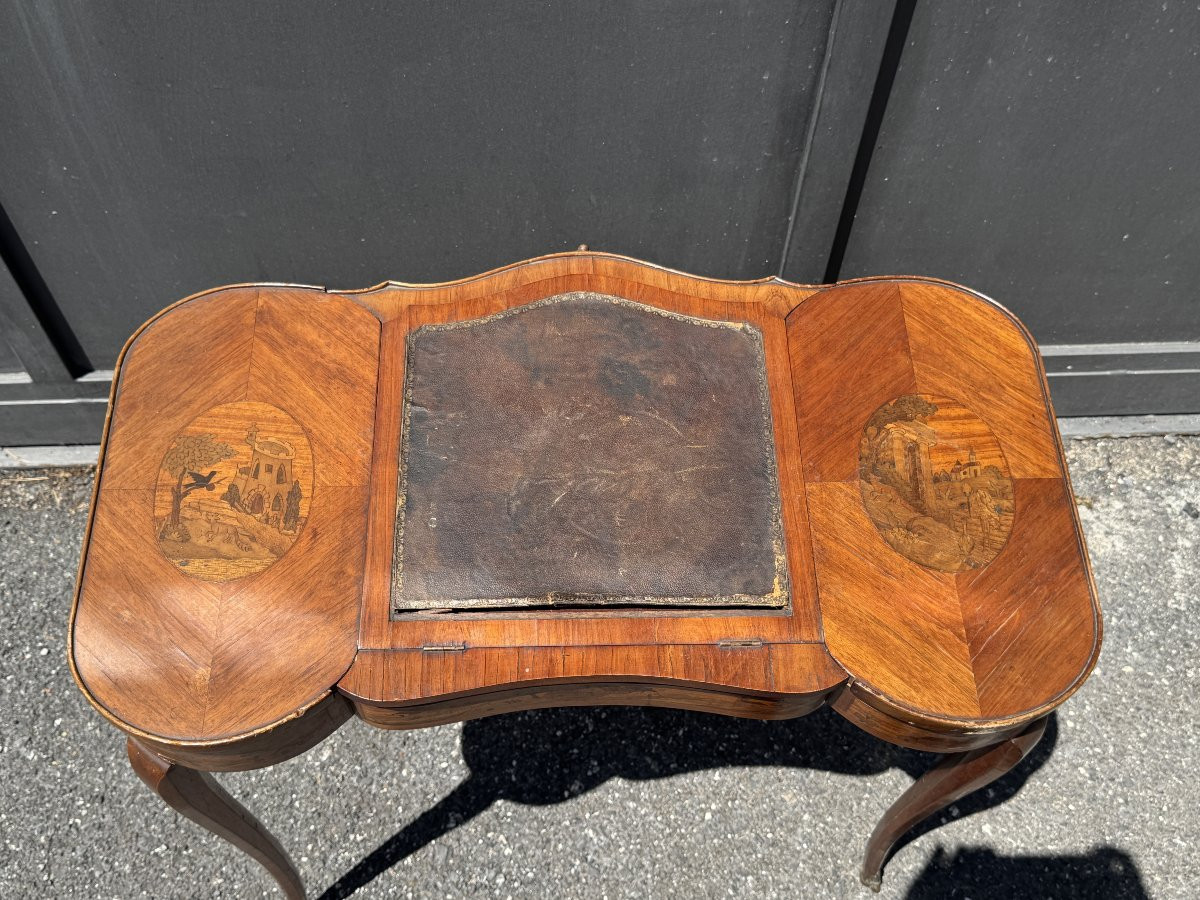 Small Writing Table In Rosewood Inlaid With Landscapes, Louis XV Period-photo-3