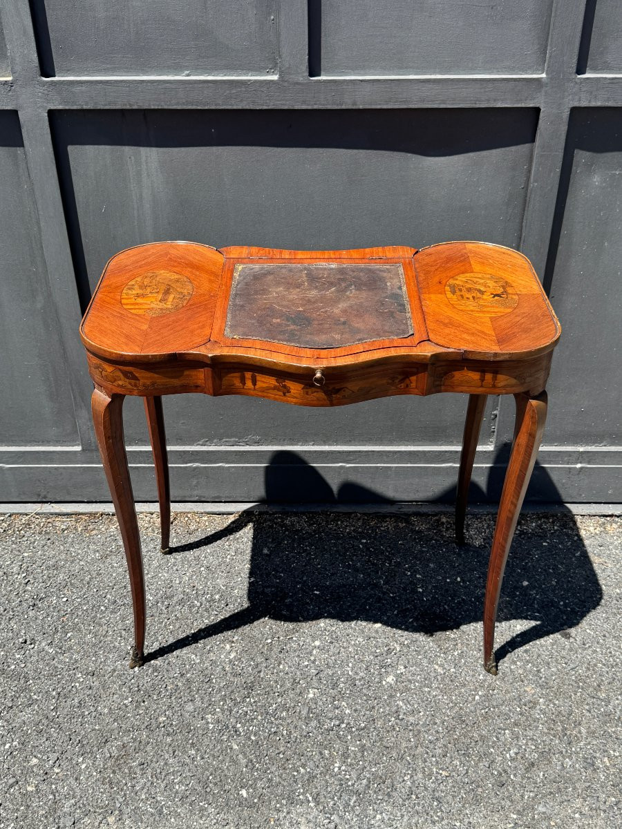 Small Writing Table In Rosewood Inlaid With Landscapes, Louis XV Period-photo-1