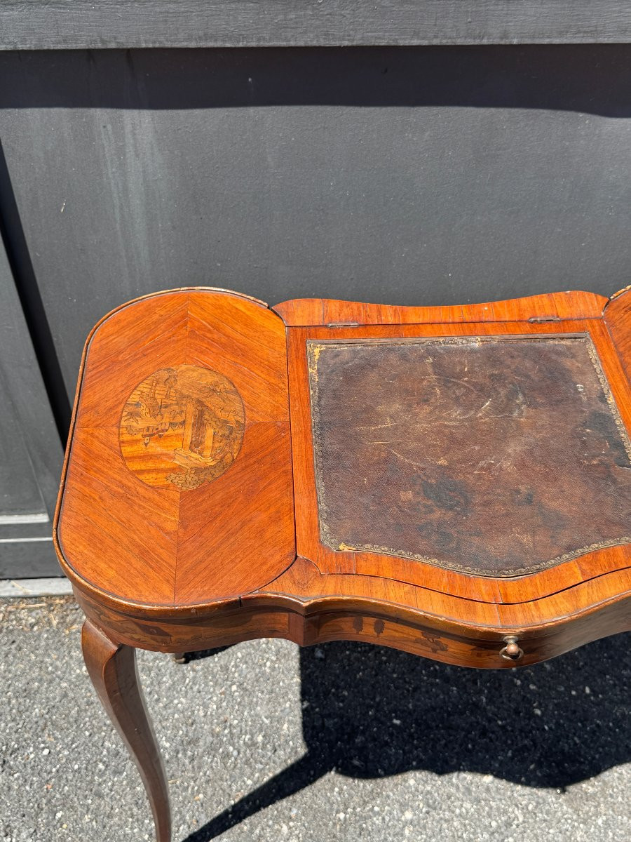 Small Writing Table In Rosewood Inlaid With Landscapes, Louis XV Period-photo-2