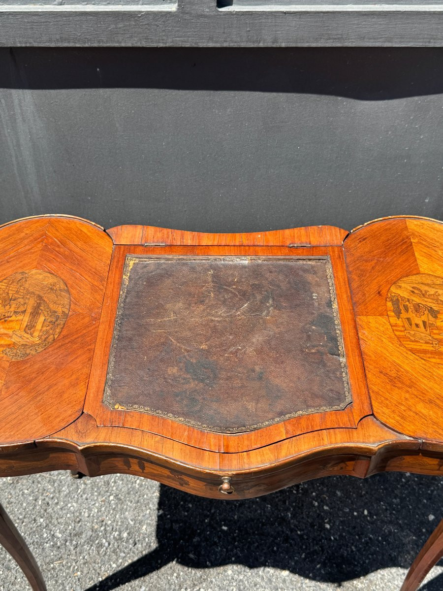 Small Writing Table In Rosewood Inlaid With Landscapes, Louis XV Period-photo-3