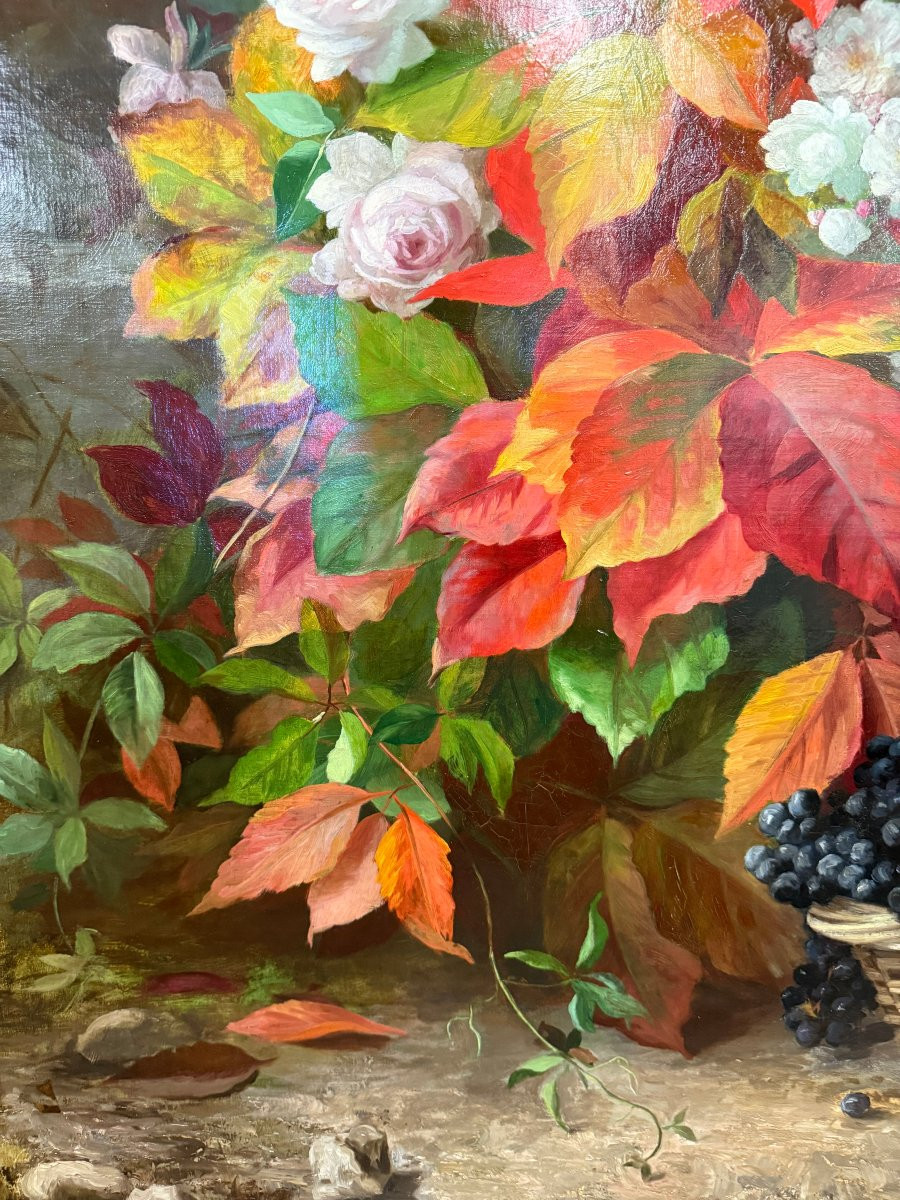 BARBAUD-KOCH Marthe-Elisabeth (1862-1928)  Roses et raisins dans un paysage-photo-6