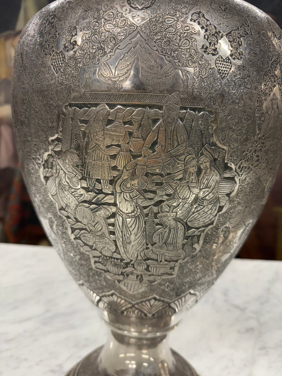 Large Pair Of Chased Silver Vases, Iran, Early 20th Century-photo-2