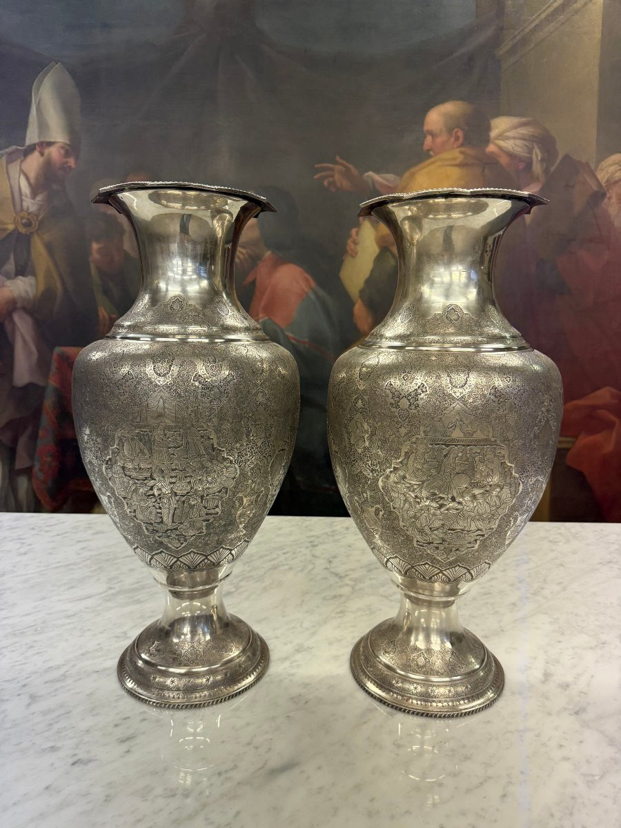 Large Pair Of Chased Silver Vases, Iran, Early 20th Century-photo-1