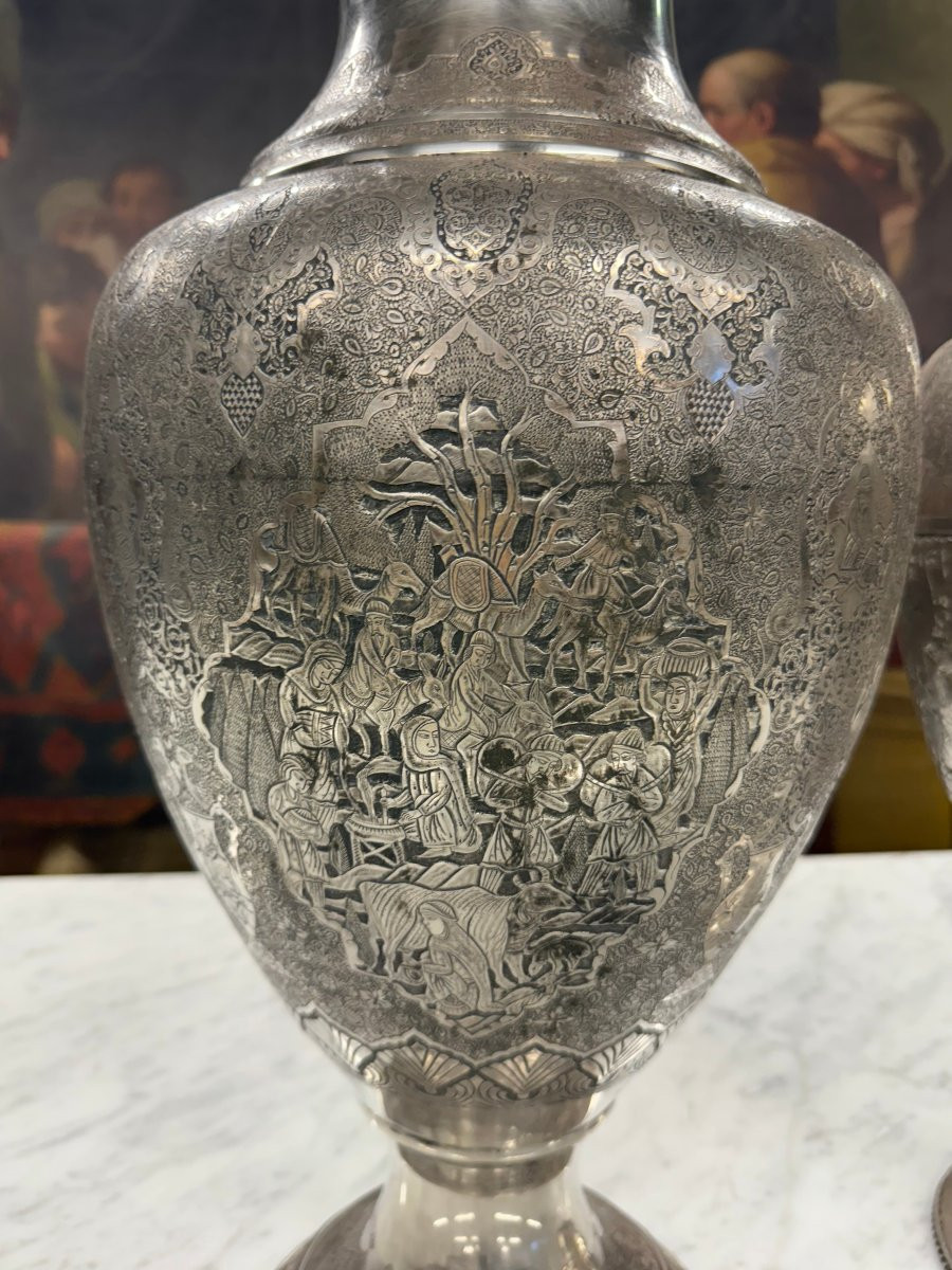 Large Pair Of Chased Silver Vases, Iran, Early 20th Century-photo-2