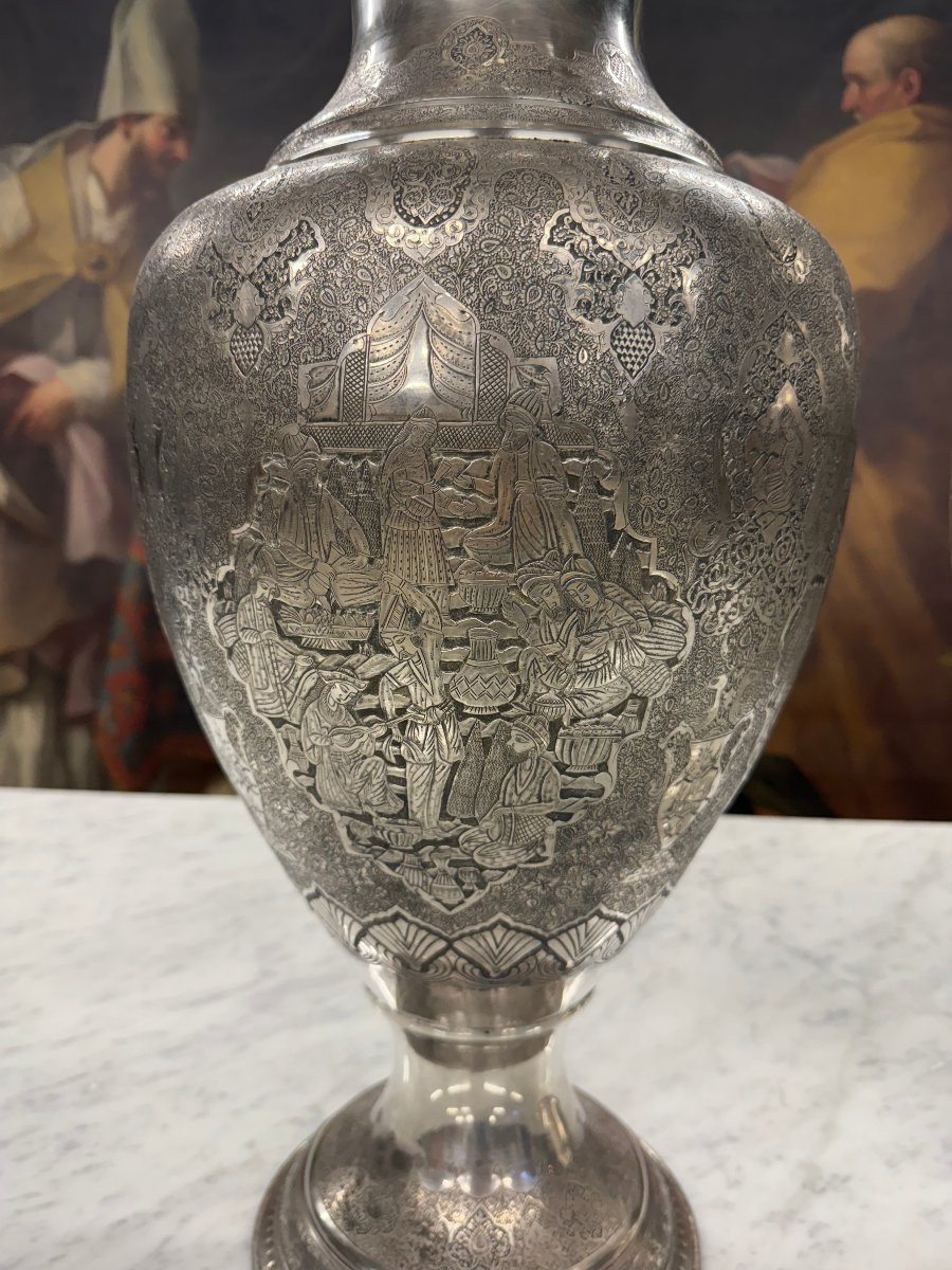 Large Pair Of Chased Silver Vases, Iran, Early 20th Century-photo-3