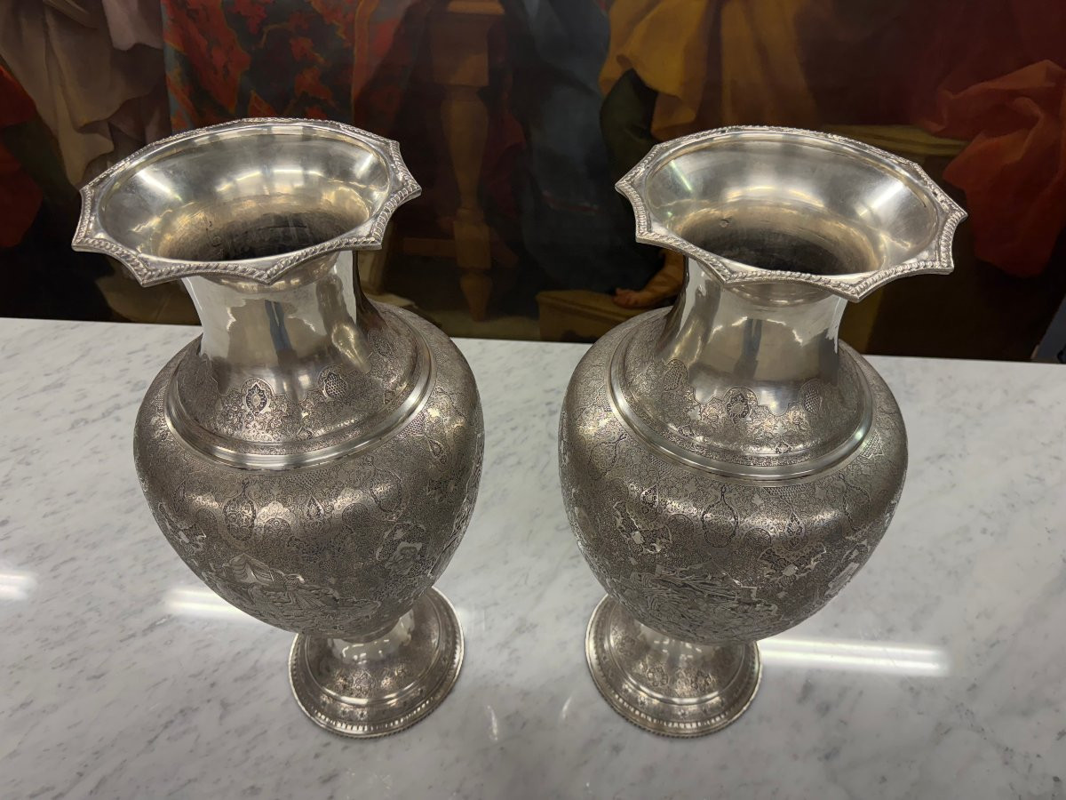 Large Pair Of Chased Silver Vases, Iran, Early 20th Century-photo-4