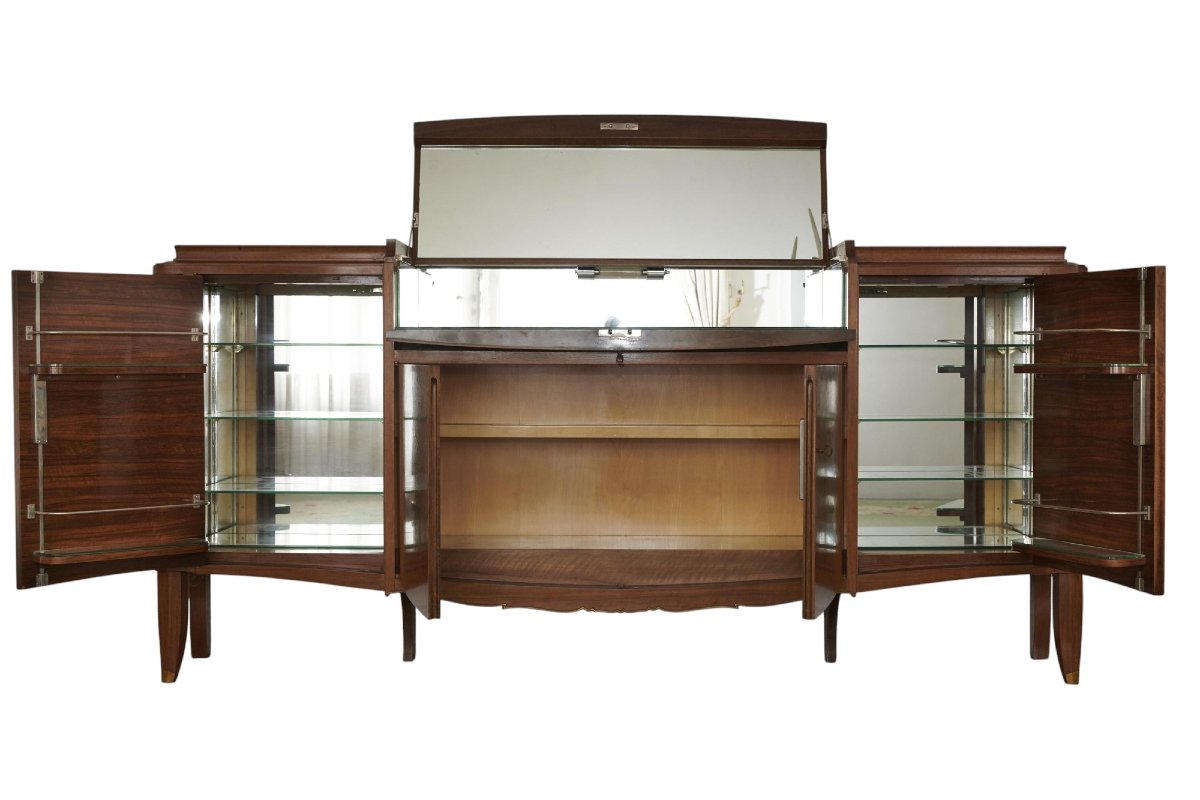 LELEU Jules (1883-1961) - Important meuble bar en noyer et nacre, XX° siècle -photo-4
