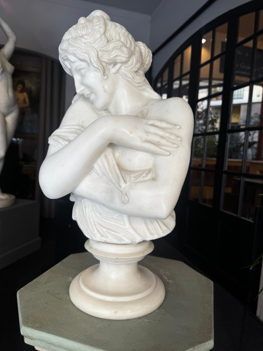 " La Pudeur " Bust In White Carrara Marble After Jean-antoine Houdon - 19th Century-photo-2