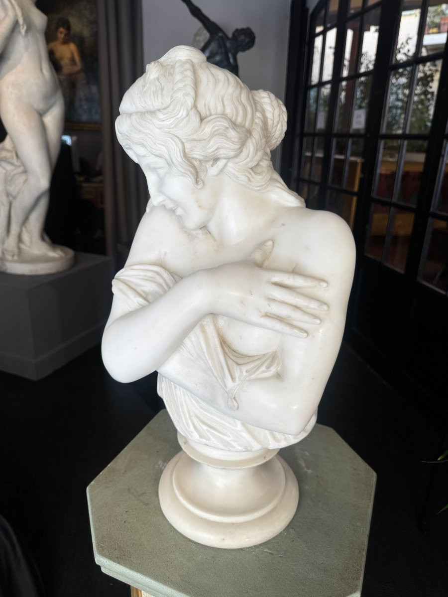 " La Pudeur " Bust In White Carrara Marble After Jean-antoine Houdon - 19th Century-photo-1