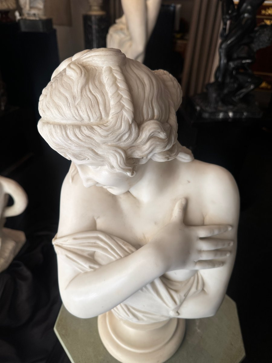 " La Pudeur " Bust In White Carrara Marble After Jean-antoine Houdon - 19th Century-photo-2