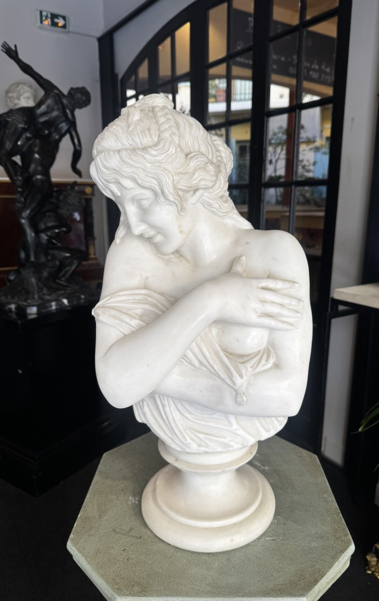 " La Pudeur " Bust In White Carrara Marble After Jean-antoine Houdon - 19th Century