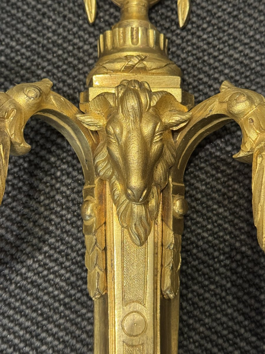 Pair Of Louis XVI Period Two-light Sconces In Chased And Gilt Bronze-photo-2