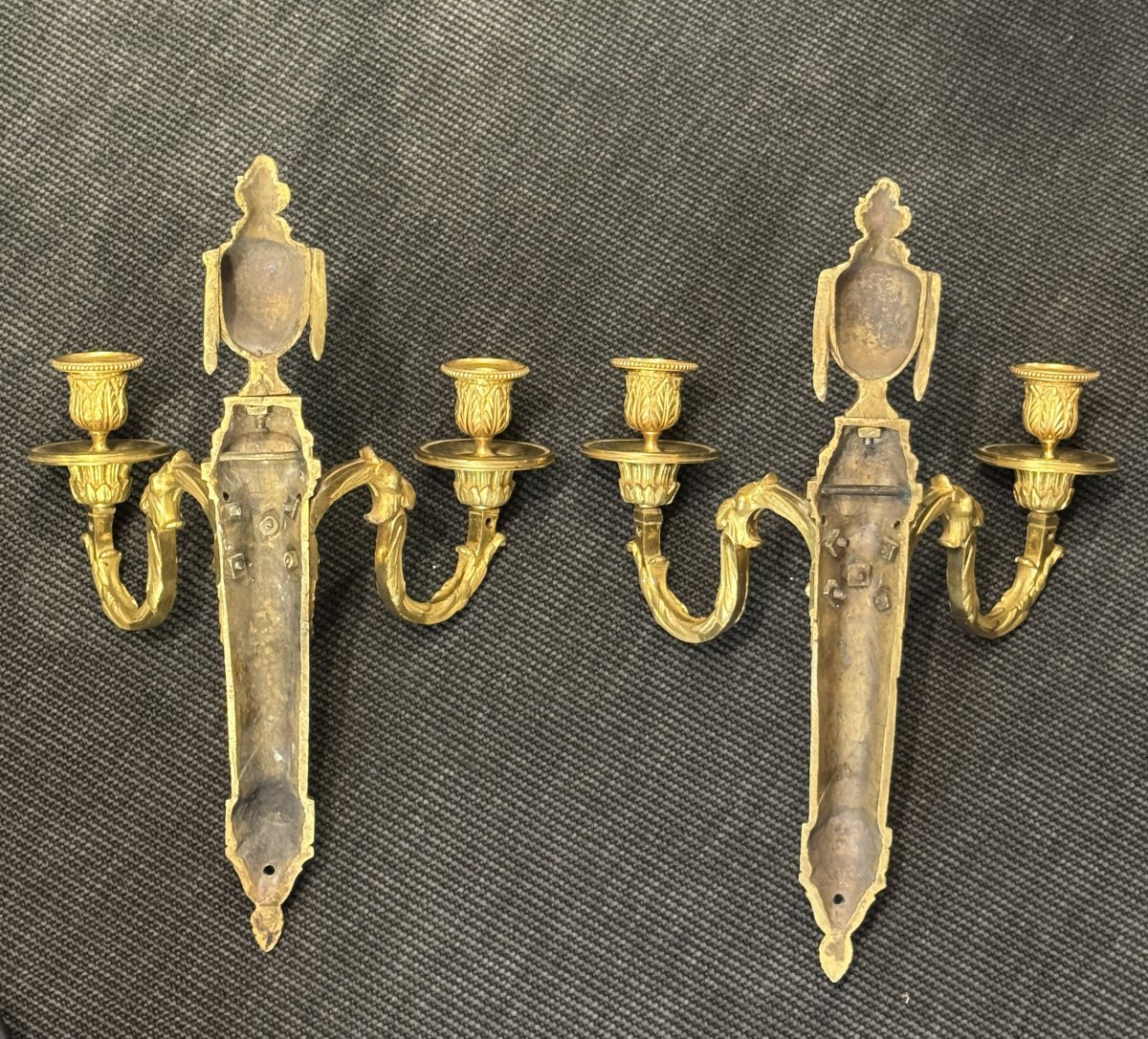 Pair Of Louis XVI Period Two-light Sconces In Chased And Gilt Bronze-photo-3