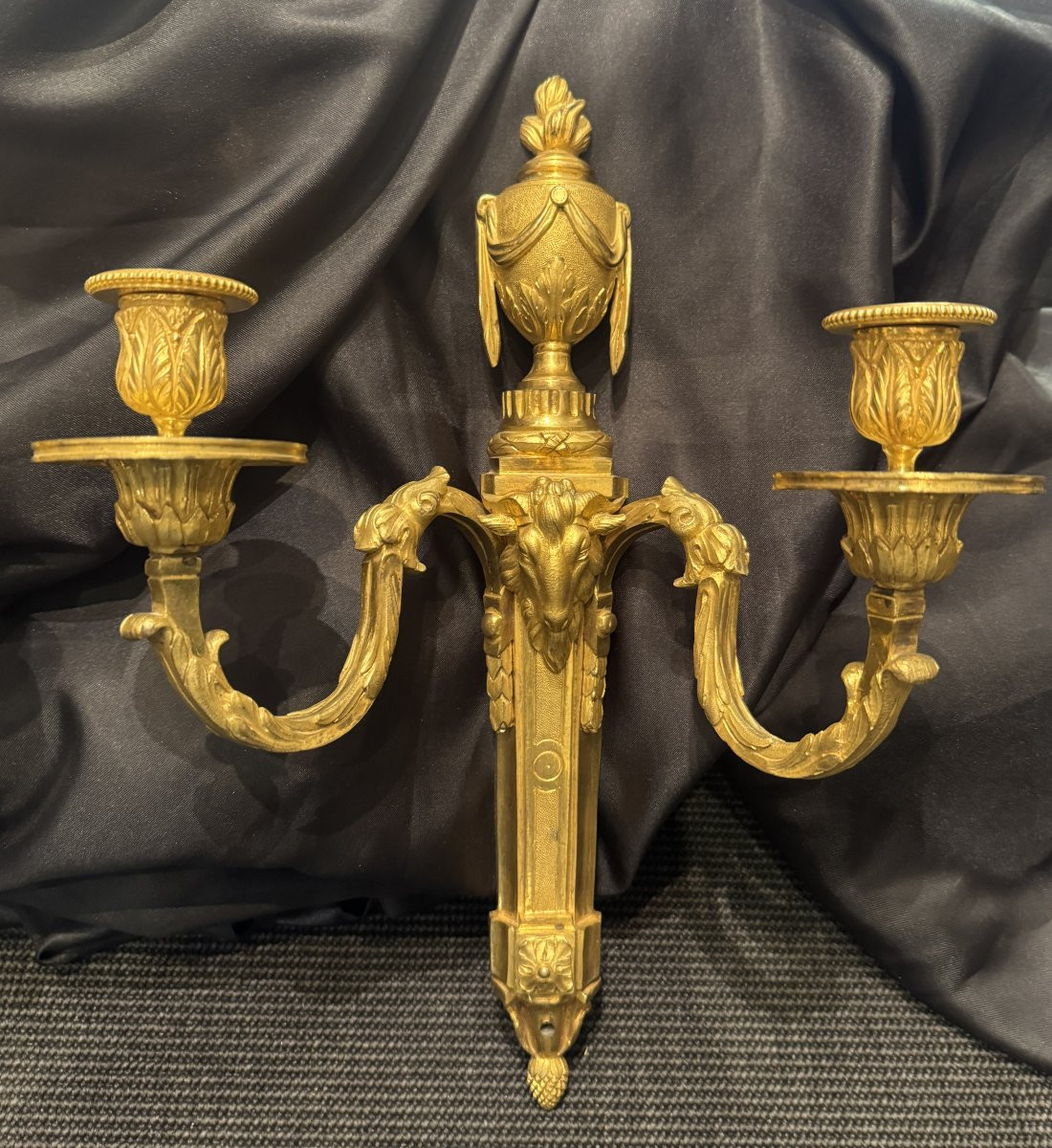 Pair Of Louis XVI Period Two-light Sconces In Chased And Gilt Bronze-photo-4