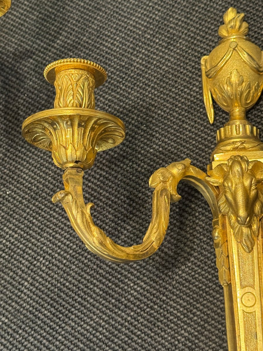 Pair Of Louis XVI Period Two-light Sconces In Chased And Gilt Bronze-photo-2