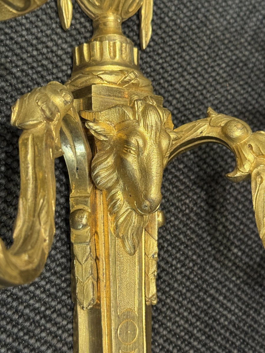 Pair Of Louis XVI Period Two-light Sconces In Chased And Gilt Bronze-photo-3