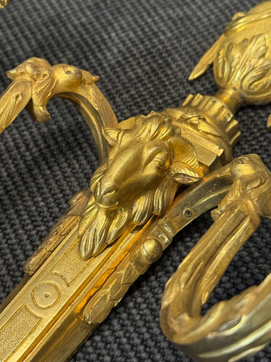 Pair Of Louis XVI Period Two-light Sconces In Chased And Gilt Bronze-photo-7